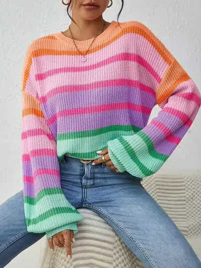 Suéter Solto de Tricô Listrado Arco-Íris Novo de Inverno para Mulheres