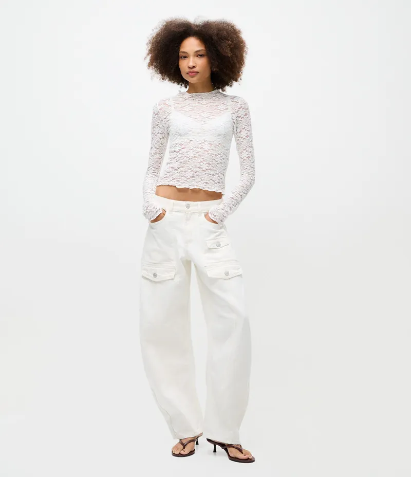 Calça Barrel em Jeans com Cintura Baixa Branco