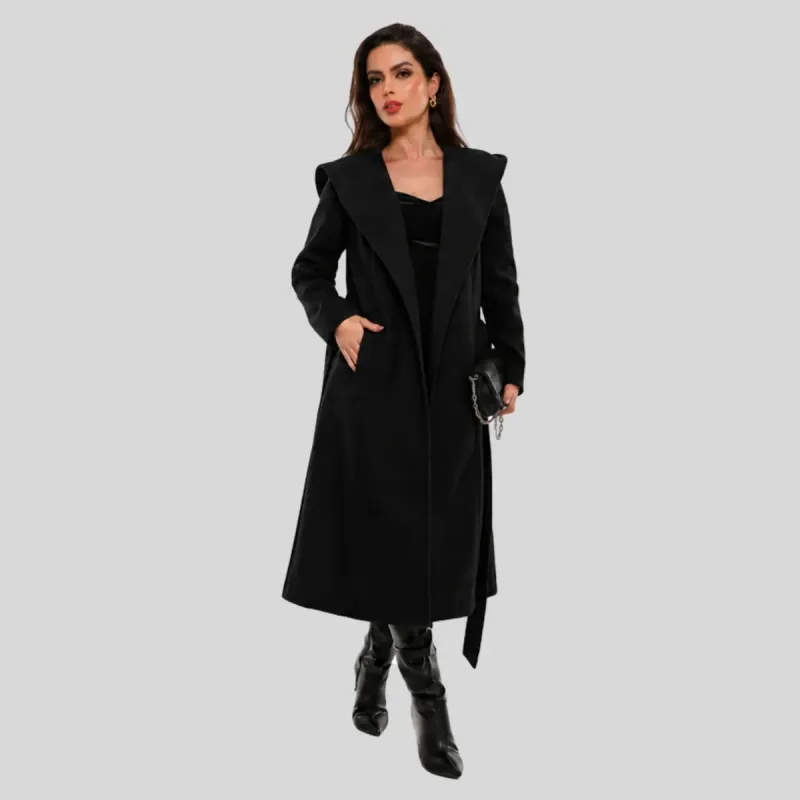 Sobretudo Feminino Longo Com Capuz E Faixa Elegante Sbt-0010