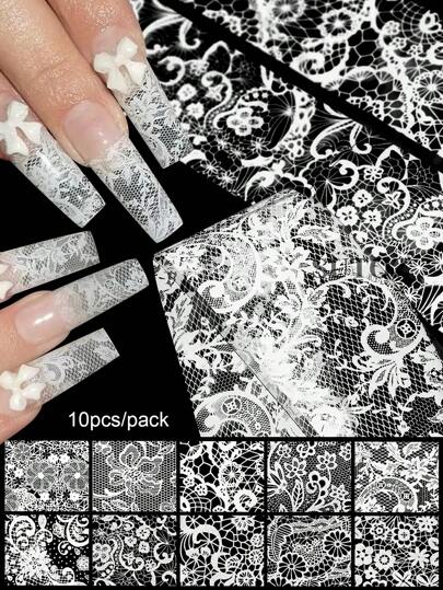Beautizon Nailartlab 10 Peças Decalques de Encantos de Unhas com Flor de Renda, Estilo Gótico Escuro, Adesivos Decorativos de Arte de Unhas DIY, Suprimentos de Unhas