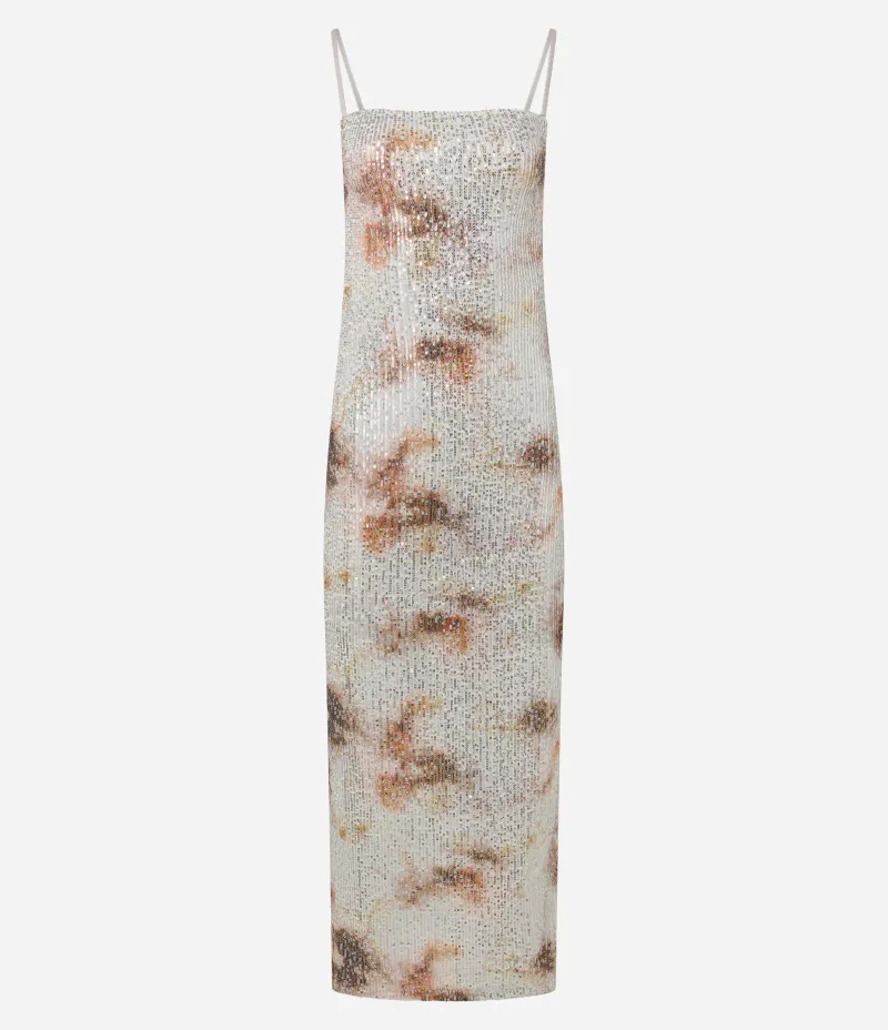 Vestido Long Midi em Paetê com Estampa Manchada Prata