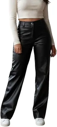 Calça Couro Fake Feminina Pantalona Wide Leg Cintura Alta