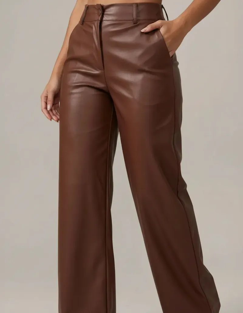 Calça Feminina Wide Leg Couro Pu Cintura Alta Premium