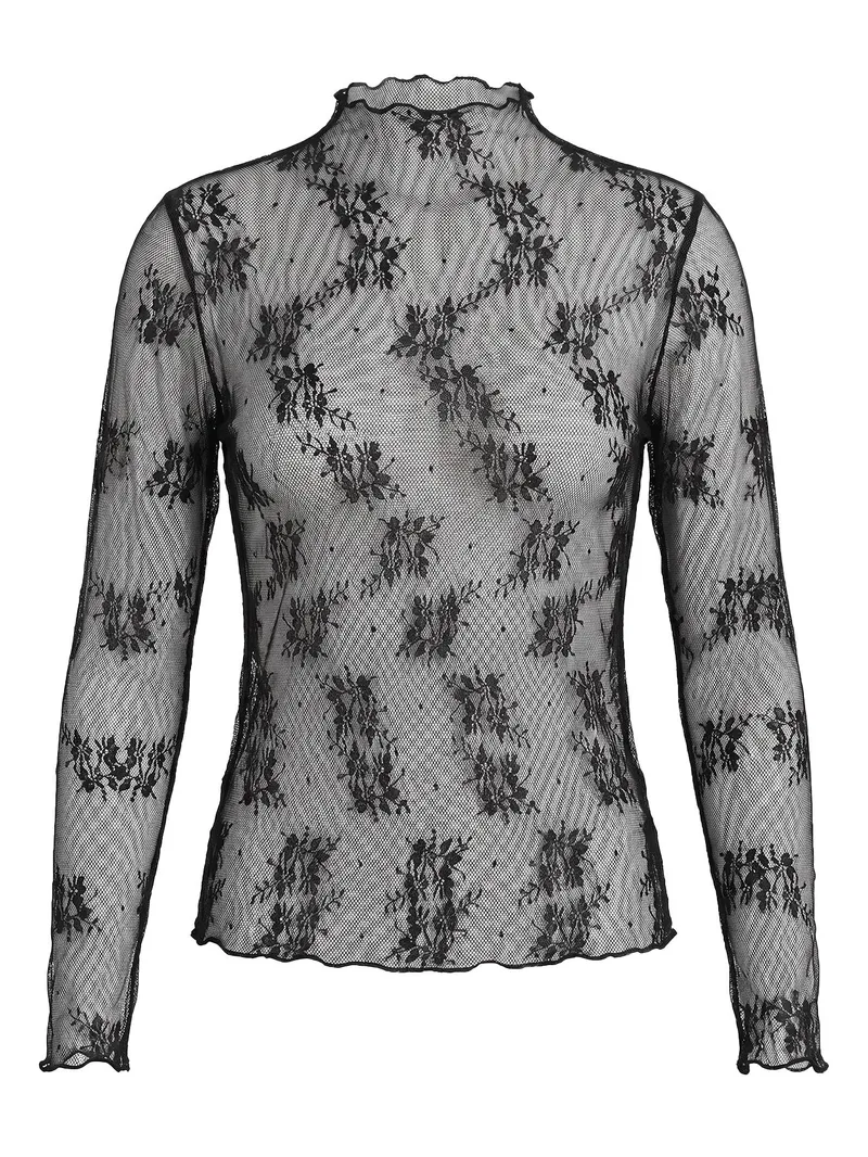 Camisa Térmica Feminina de Manga Longa com Gola Alta de Renda e Tela Transparente