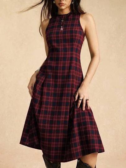 Easelle Vestido Vintage Nômade Sem Mangas Cinturado Estilo A Grande Xadrez Vermelho para Mulheres, Adequado para o Dia dos Namorados, Vestido Xadrez Sem Mangas para Ano Novo, Vestido Xadrez Feminino, Vestido Midi Xadrez Feminino, Vestido Sem Mangas, Vestido Xadrez Feminino Midi