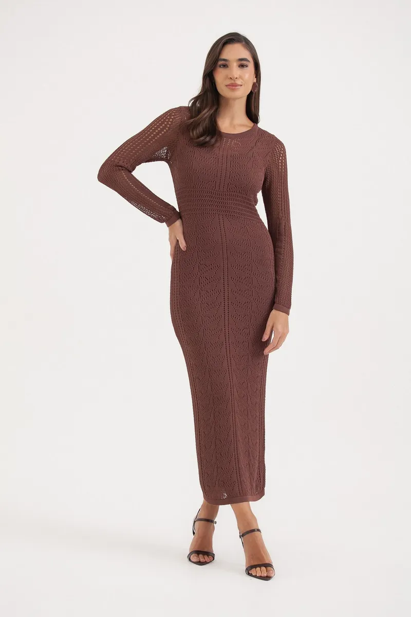 Vestido Tricot Manga Longa Ponto Telado MARROM