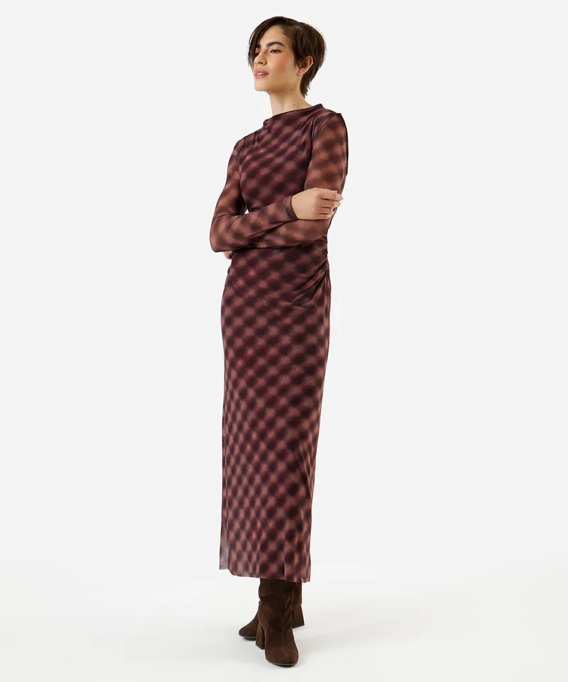 vestido midi feminino de tule franzido xadrez roxo