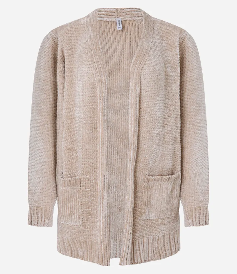 Cardigan Alongado em Chenille Canelado com Bolsos Frontais Bege