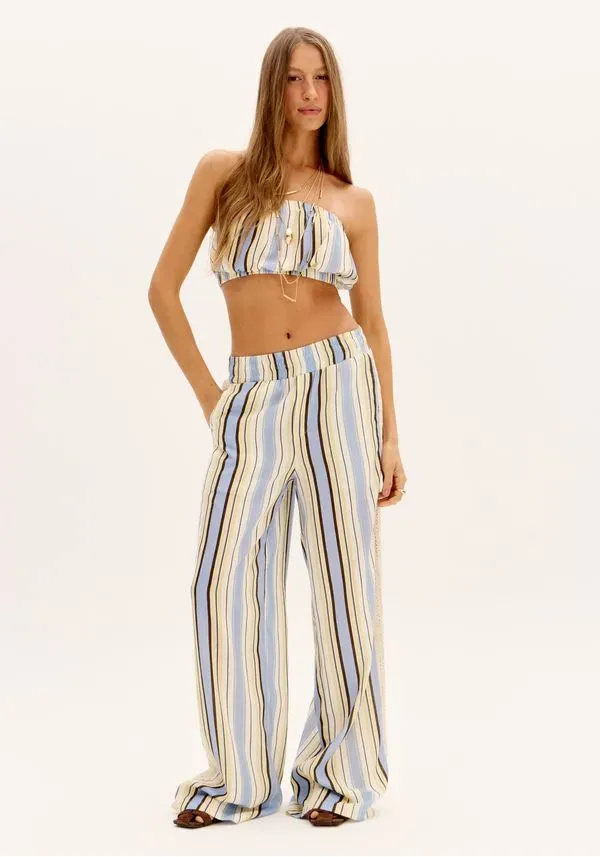 Calça Wide Leg Listrada Com Linho