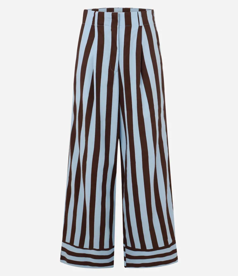 Calça Cintura Alta em Tricoline com Listras Verticais Azul/Marrom