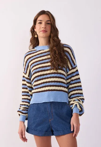 Suéter Feminino Dress To Tricô Listrado Azul Claro