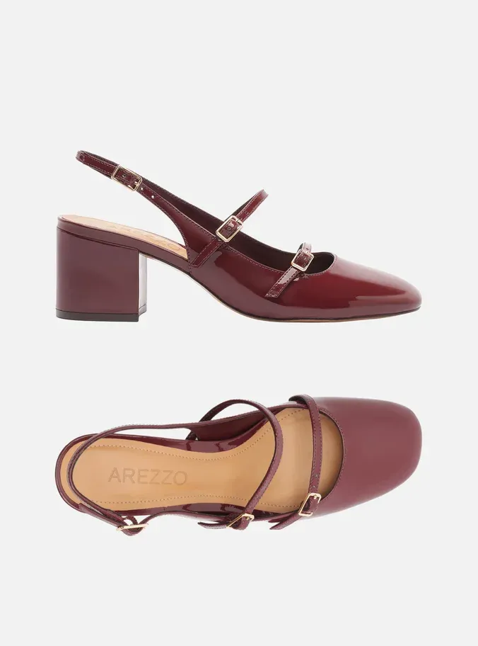 Scarpin Vinho Verniz Salto Bloco Tiras Slingback