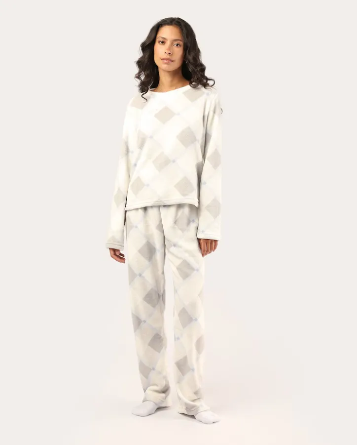 Pijama longo feminino fleece xadrez - branco