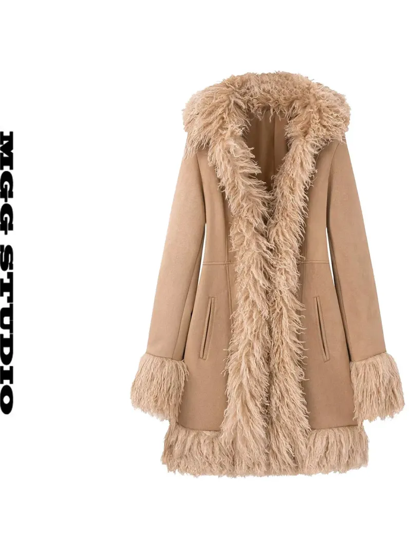 Casaco Feminino de Lã com Manga Longa em Suede e Detalhes em Pelo, Estilo Aberto, Comprimento Médio, Novo Estilo para o Iníci... - AliExpress 200000345