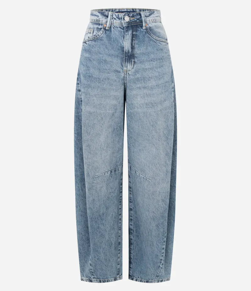 Calça Barrel em Jeans Marmorizado Azul Médio