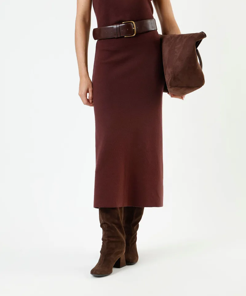 saia midi de tricot canelada marrom