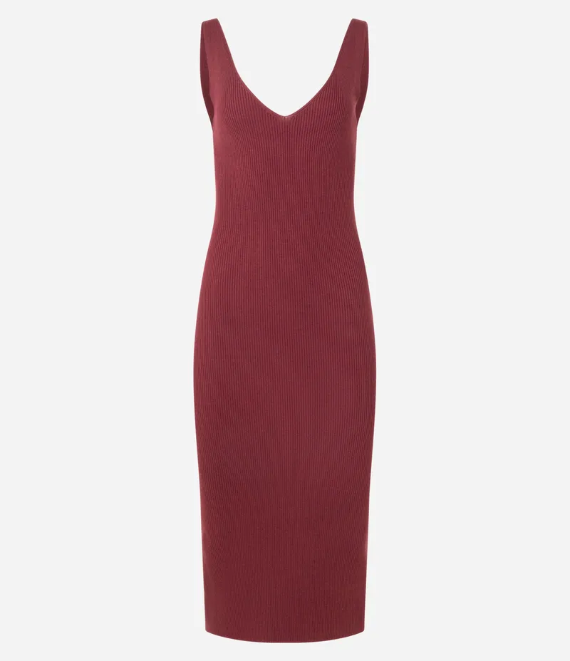 Vestido Midi em Tricô Texturizado com Decote V Bordô