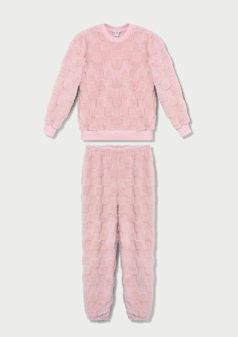 Pijama Longo Feminino Em Fleece Estrelas - Rosa