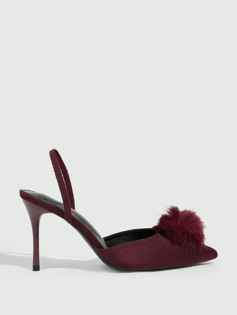 CUCCOO SZL Sapatos Femininos com Decoração de Pompom, Salto Agulha Pontudo Sexy de Veludo Confortável para Encontros, Festas e Dia dos Namorados
