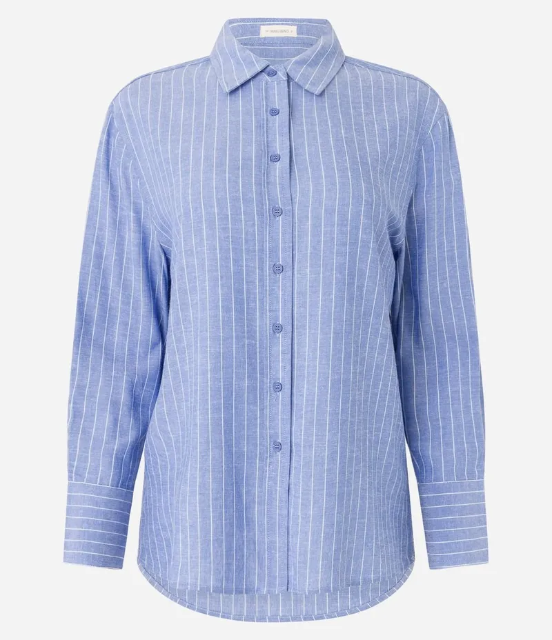 Camisa Listrada em Viscolinho com Fio Tinto Azul