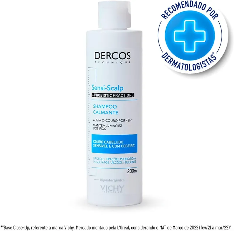 Vichy Dercos SensiScalp Probiotic, Shampoo Limpeza Calmante para Couro Cabeludo Sensível, Alívio Instantâneo 48h, Nutrição e Brilho, Livre de Sulfatos, Parabenos e Corantes, 200ml