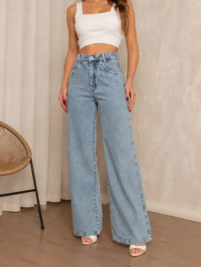 Wide Leg Jeans Feminina Caimento Reto Elegante Jeans Grosso Sem Elastano Premium
