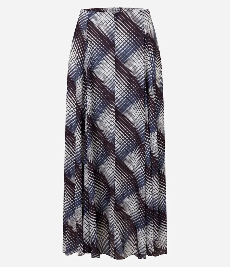 Saia Longa em Chiffon Xadrez com Efeito Degradê e Pregas Azul/Bege