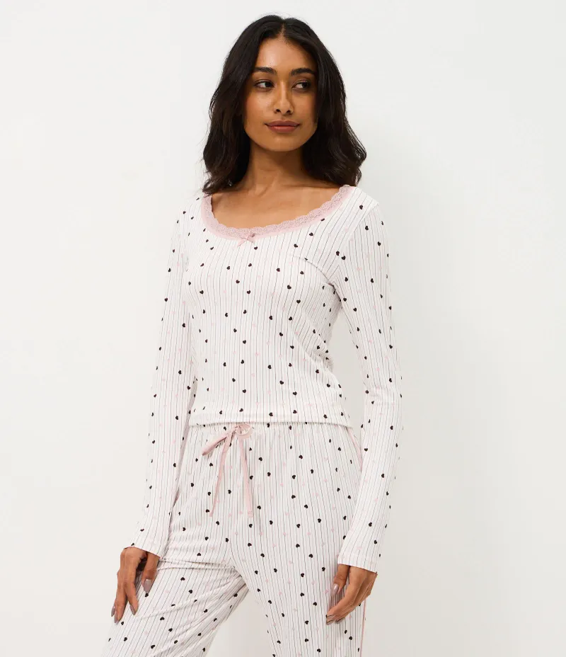 Blusa de Pijama em Peach Touch com Estampa de Coração Branco