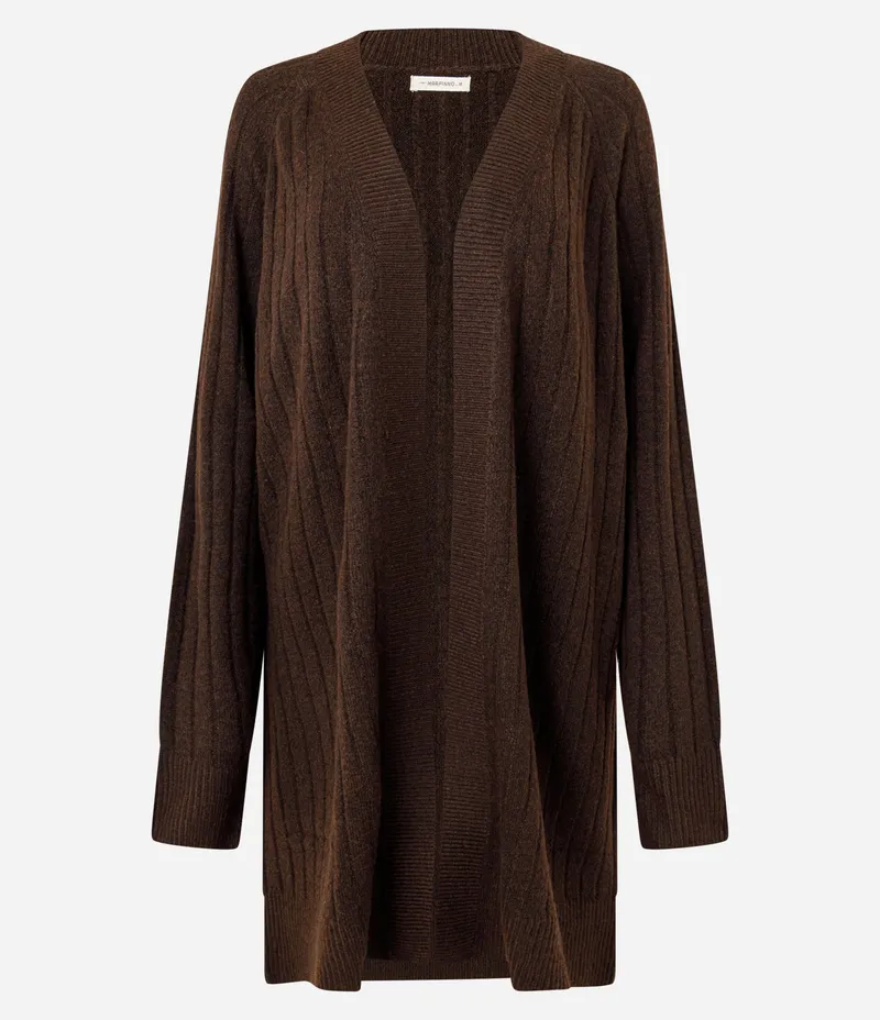 Cardigan Tricô Canelado Alongado sem Bolsos Marrom