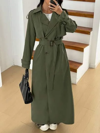 SHEIN EZwear Casaco Trench Longo Casual de Abotoamento Duplo Verde Oliva para Mulheres, Casaco Trench Cintado Verde Oliva, Casaco Verde Escuro para Mulheres, Jaqueta Longa Verde Exército, Agasalho Verde Escuro Verde Oliva Longo para Mulheres