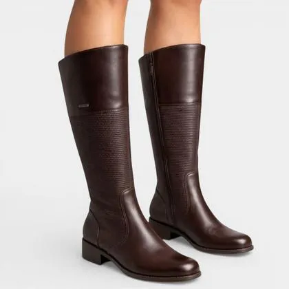 Bota Couro Bottero Texturizada Cano Alto Feminina - Marrom Escuro - 35