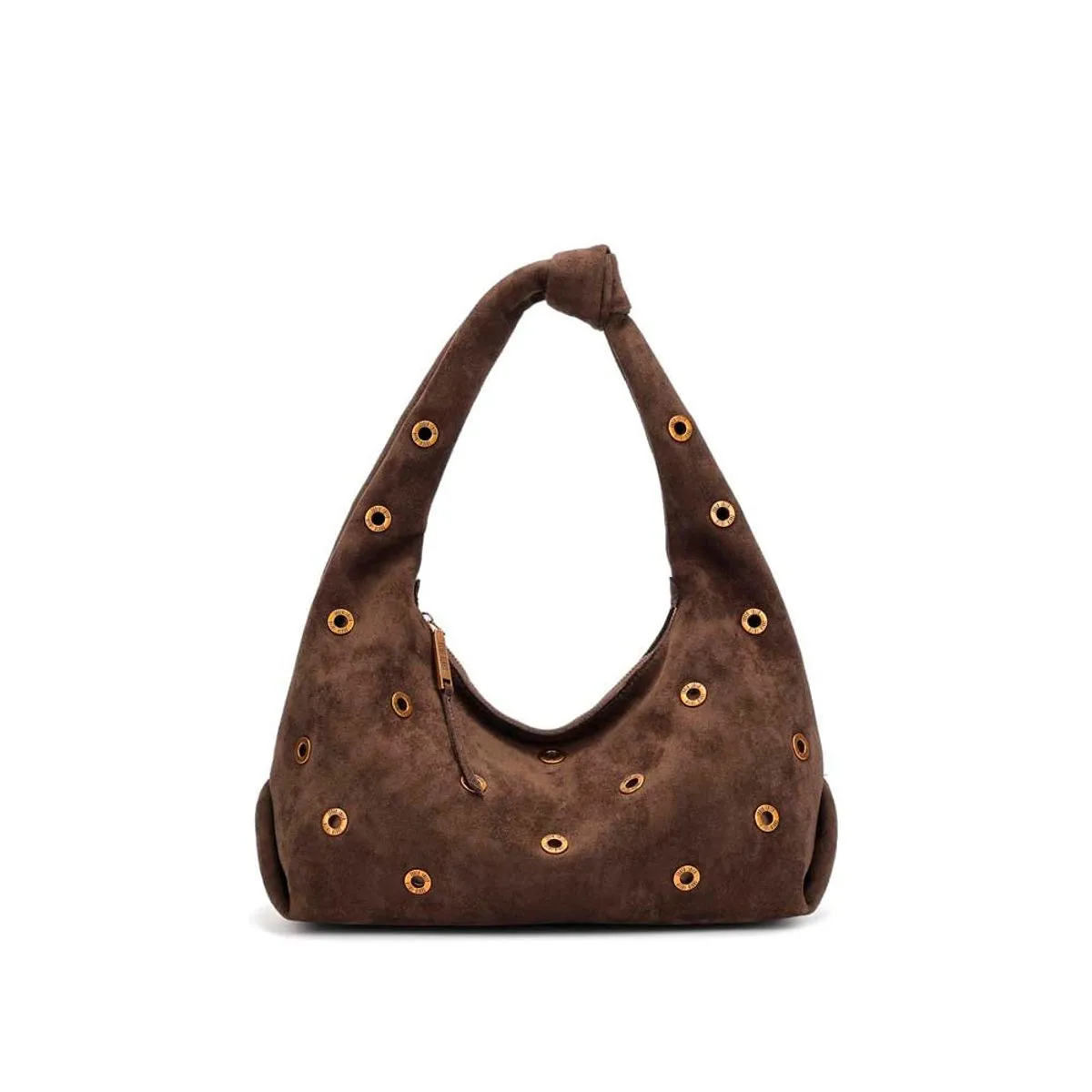 Bolsa Hobo Ilhós Camurça Marrom Alça De Ombro