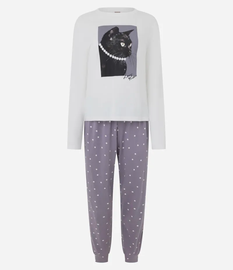 Pijama Longo em Algodão com Estampa de Gato Branco/Roxo
