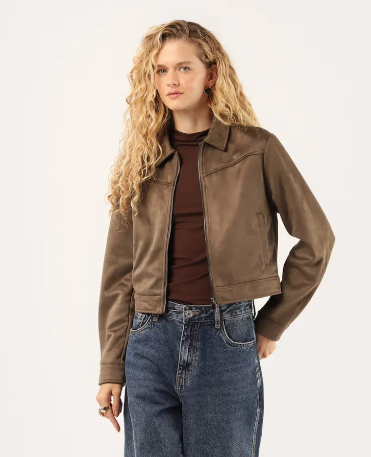 Jaqueta feminina em suede com zíper - marrom