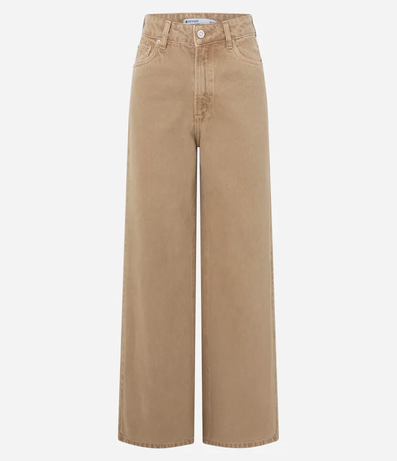Calça Wide Leg em Sarja com Cintura Alta Bege