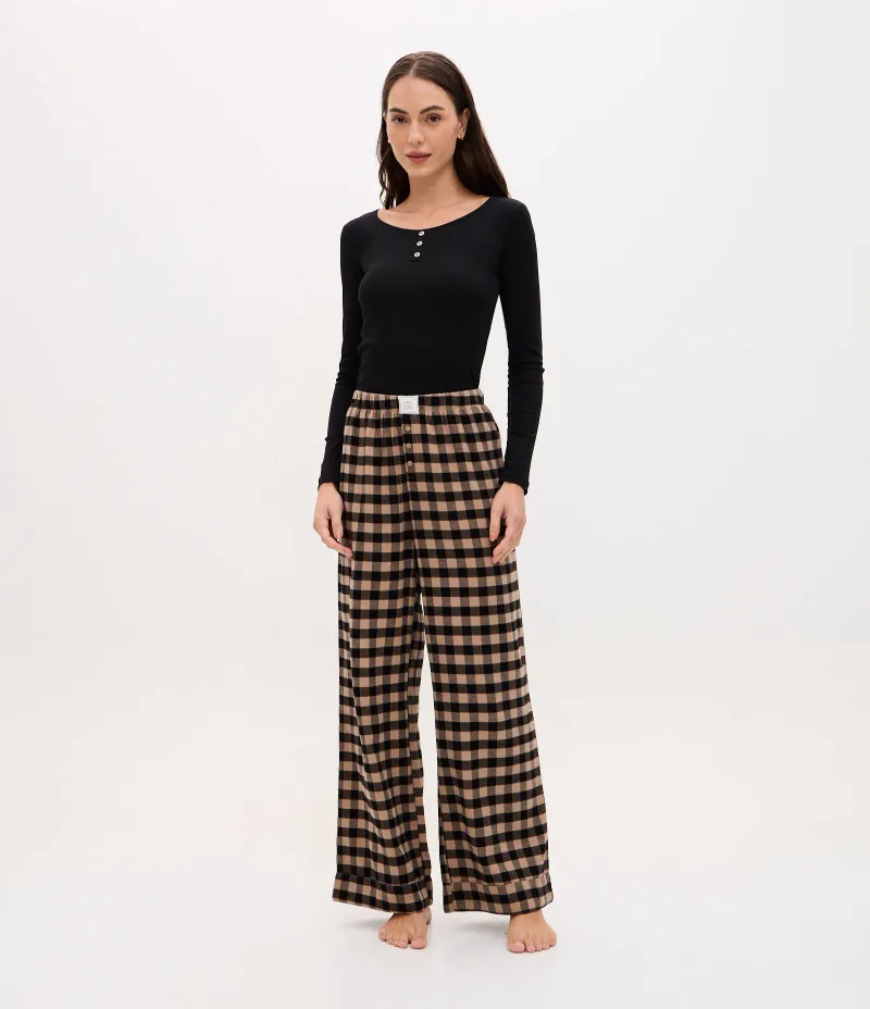 Calça de Pijama em Flanela Xadrez Marrom