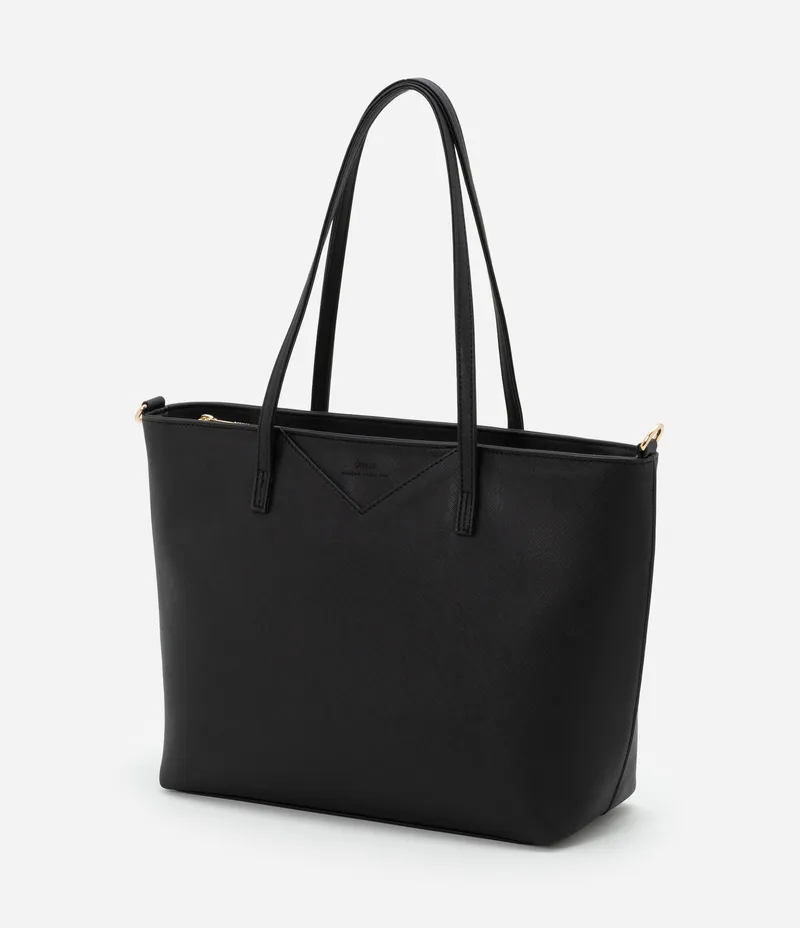Bolsa Shopper Grande em PU Textura Safiano com Alça Longa Preto