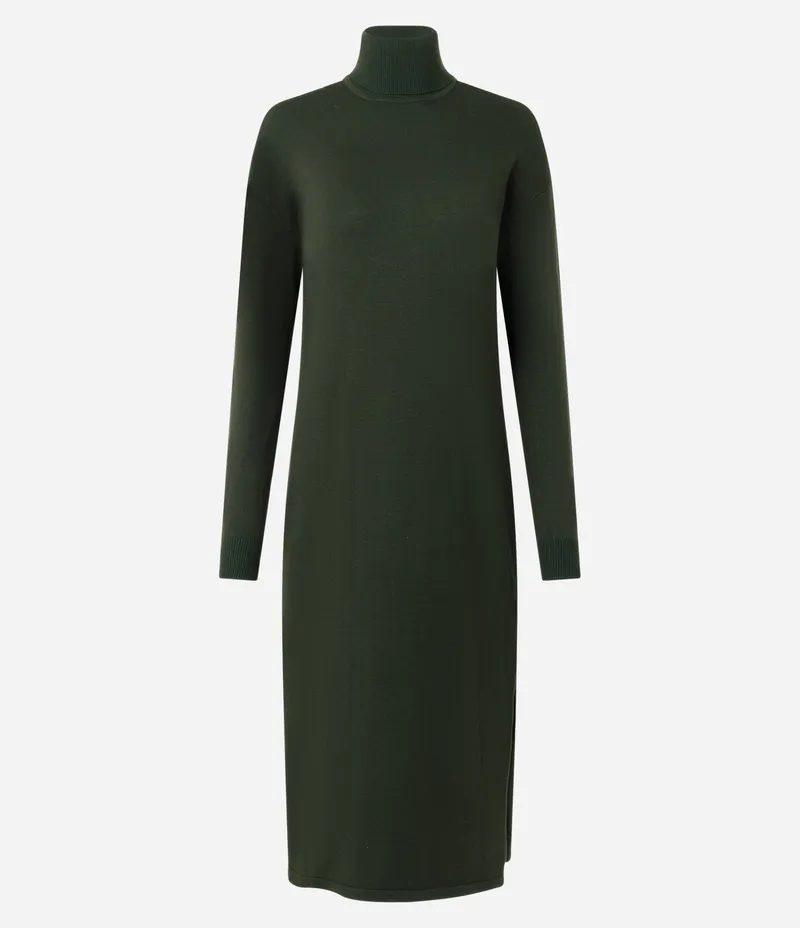 Vestido Midi em Tricô com Gola Alta e Manga Longa Verde Escuro