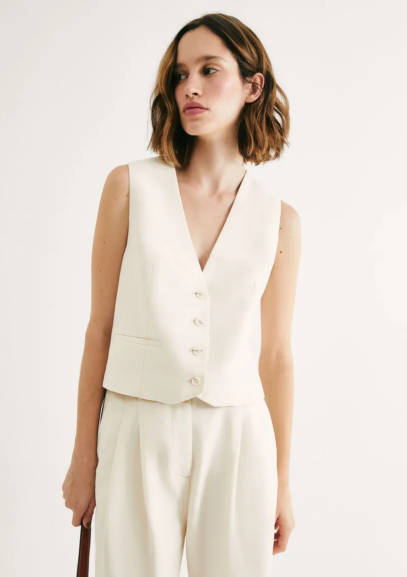 Colete Feminino Decote V Com Linho - Creme