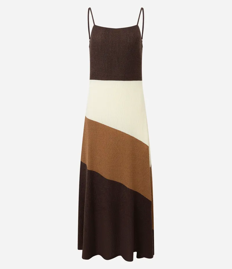 Vestido Longo Tricot Tricolor com Decote Quadrado Marrom