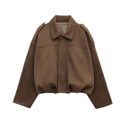 Jaqueta Bomber Feminina Oversized De Camurça Acolchoada Estilo Colegial Streetwear Com Zíper MUJER