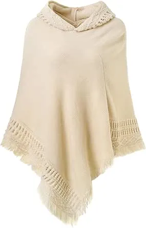 Ferand Capa feminina com capuz e bainha com franjas, poncho de crochê para mulheres, Bege, Tamanho Único