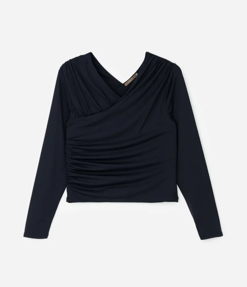 Blusa com Franzidos e Decote V Frente e Costas Curve & Plus Size Preto