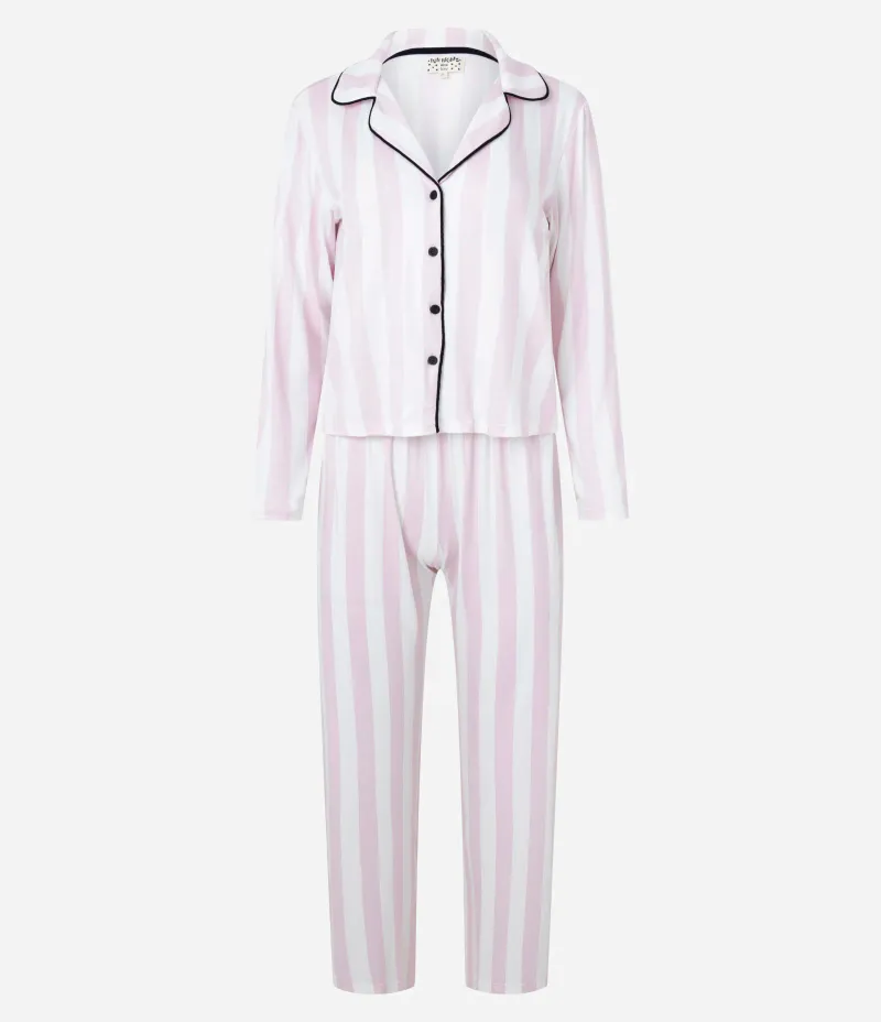 Pijama Americano Longo em Viscose com Estampa Listrada Rosa