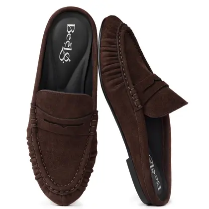Mocassins BeeLg Penny Mule para mulheres de camurça plana sem cadarço