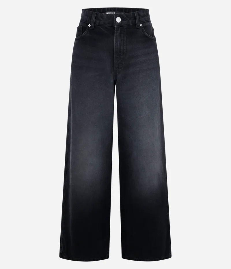 Calça Wide Leg em Jeans com Cós Passante Preto