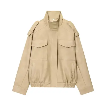 Jaqueta Bomber Feminina Oversized De Camurça Com Zíper Para Inverno E Meia Estação - MUJER