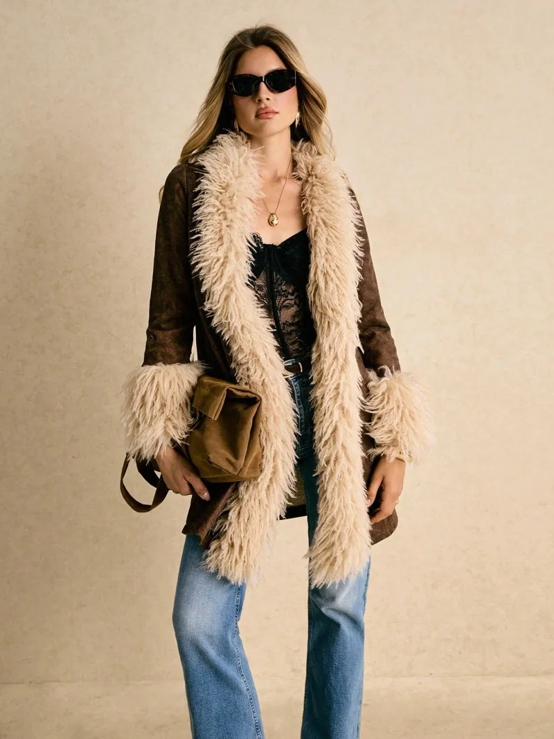 Poéselle Jaqueta Vintage Aveludada e Retalhos da Moda Feminina