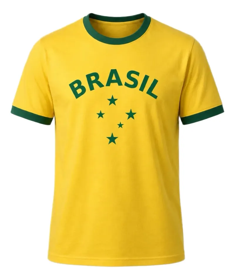 Camisa Brasil Retrô Estrelas Algodão Amarelo Masculino
