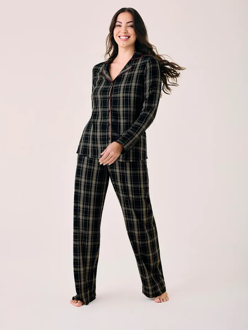 Pijama Longo Com Botões Em Viscose Estampada Moments Estampa Xadrez Preto Com Mascavo